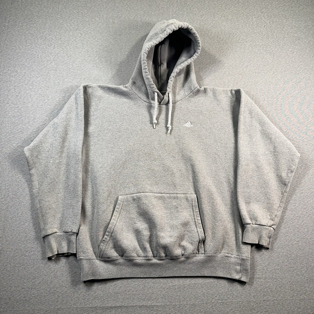 VTG Adidas Hoodie Sweater Mens L Grey Solid Logo Pocket Sweatshirt Y2K